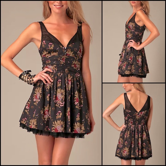 Free People Navy Floral Garden Mesh Insert Tulle Petticoat Mini Dress - Picture 2 of 8